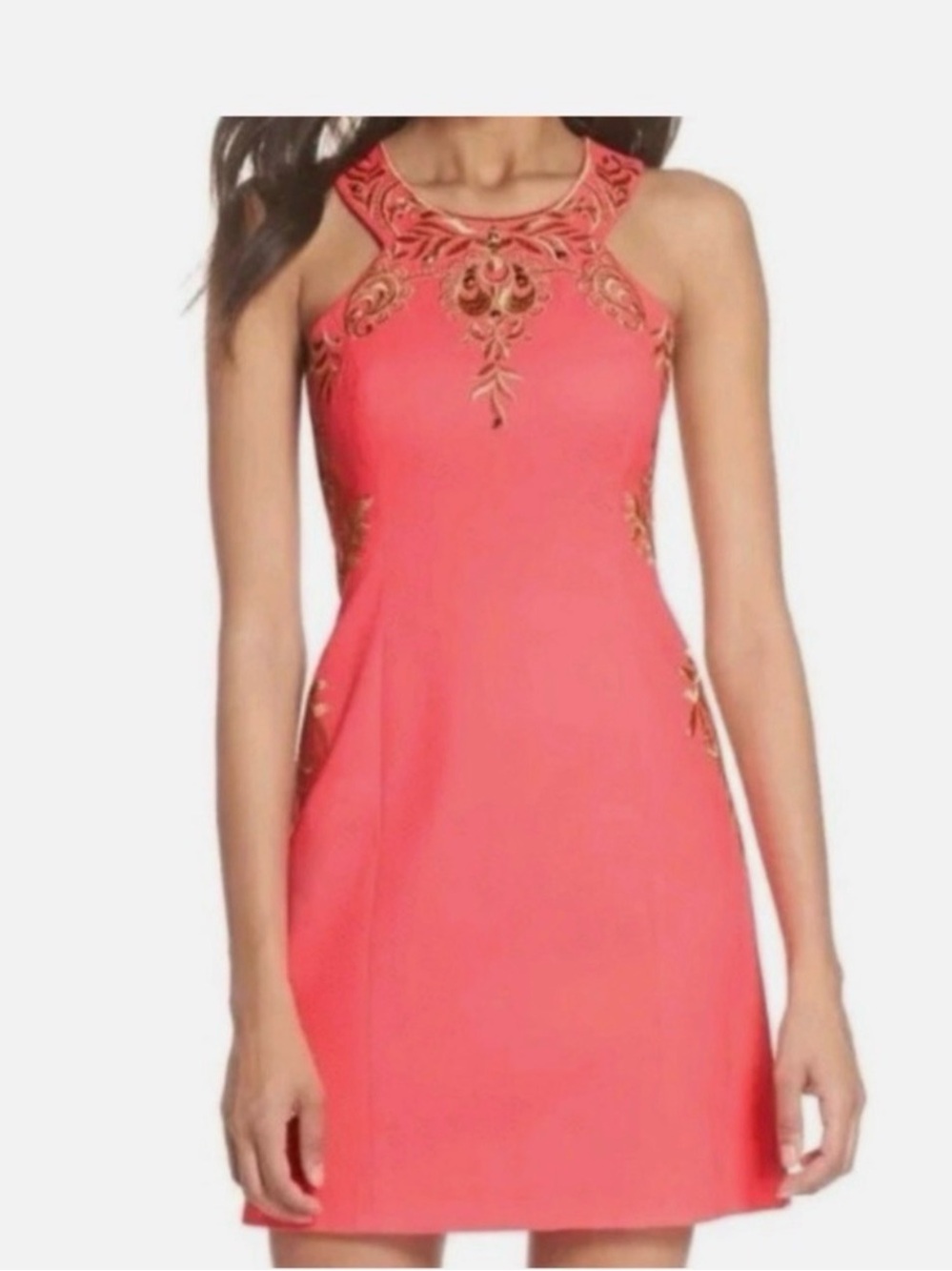 Lilly Pulitzer TINA STRETCH SHIFT in
CORAL SUNSET Gold Embroidered.
SIZE 4